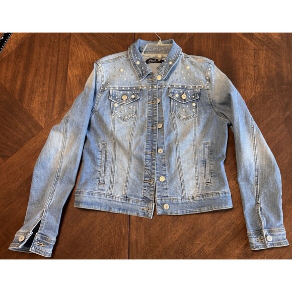 Earl Women's Pearl Denim Jean Jacket Size Medium EUC - Picture 1 of 7